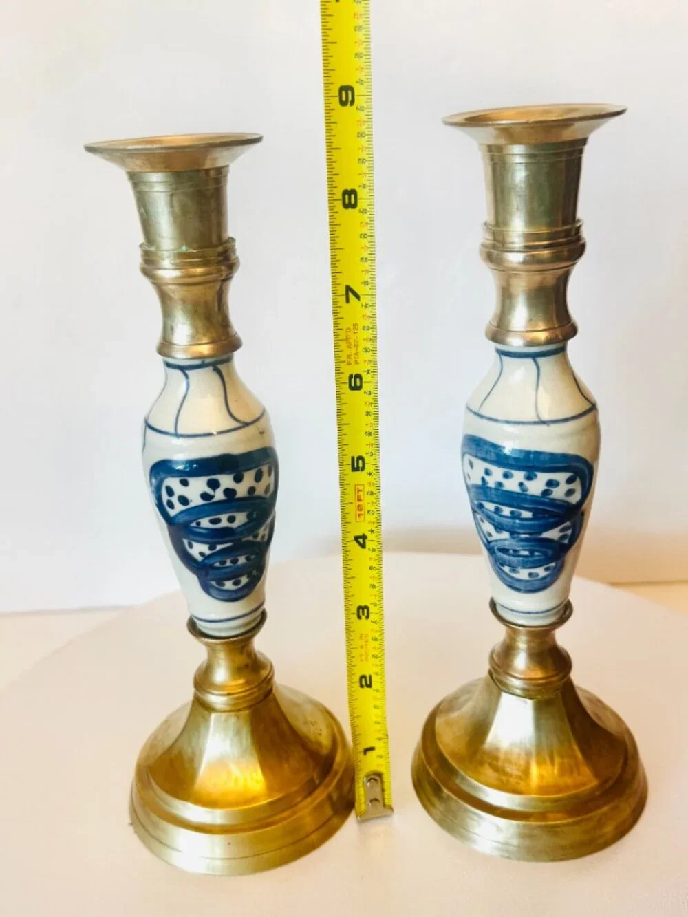 Pair Delft Vtg Blue White Ceramic Brass 9